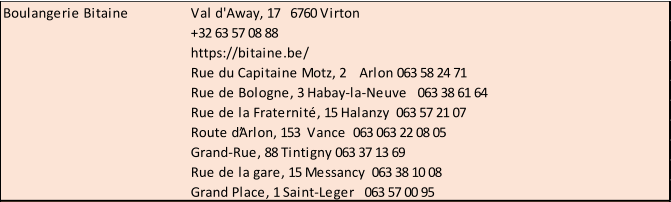 Boulangerie Bitaine Val d'Away, 17   6760 Virton +32 63 57 08 88 https://bitaine.be/ Rue du Capitaine Motz, 2    Arlon 063 58 24 71 Rue de Bologne, 3 Habay-la-Neuve   063 38 61 64 Rue de la Fraternité, 15 Halanzy  063 57 21 07 Route d’Arlon, 153  Vance  063 063 22 08 05 Grand-Rue, 88 Tintigny 063 37 13 69 Rue de la gare, 15 Messancy  063 38 10 08 Grand Place, 1 Saint-Leger   063 57 00 95